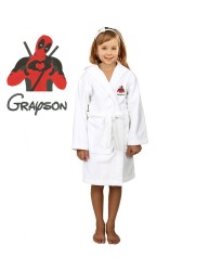 Red Mask Cartoon Design & Custom Name Embroidery on Kids Hooded Bathrobe